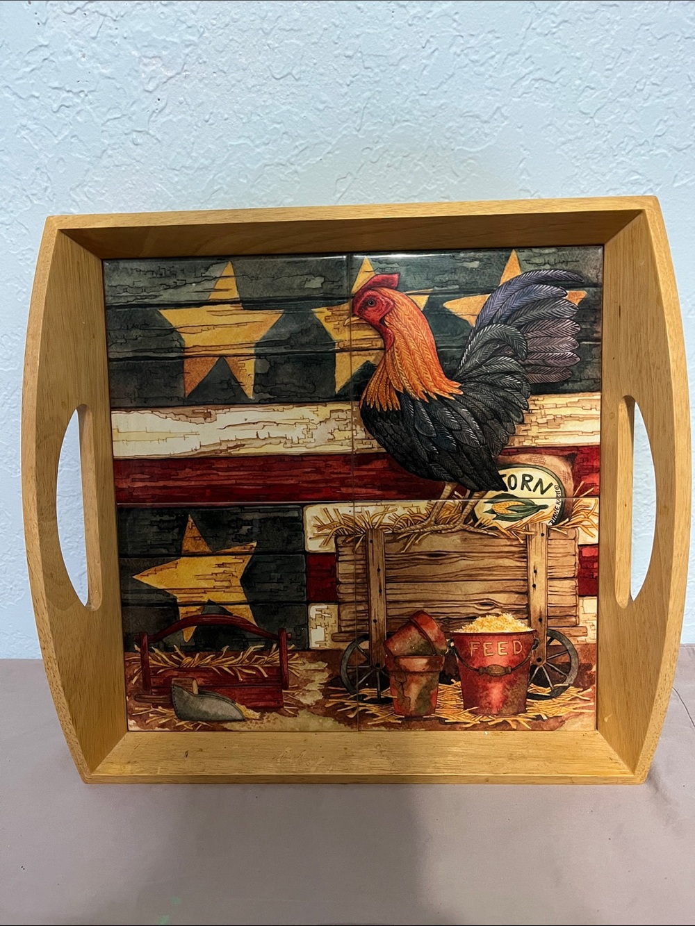 Rooster Ceramic Tile and Wood Tray features a colorful rooster